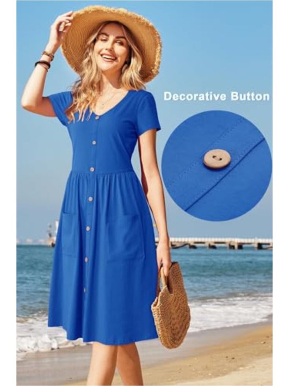 Cotton Spandex A-line Midi Dress with Pockets Short Sleeve V-Neck - Picture 3 of 6